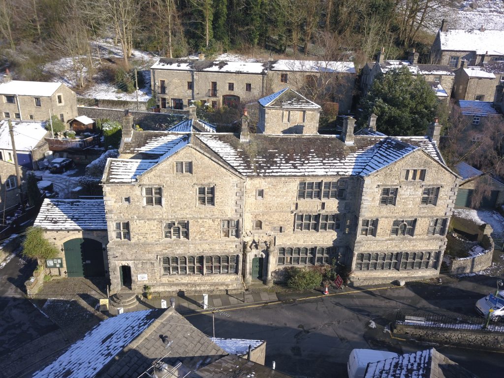 Aerial view of The Folly, Settle, after a snowfall.
