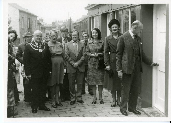 Group of NCBPT trustees and guests outside Coneygar, Victoria Street, Settle