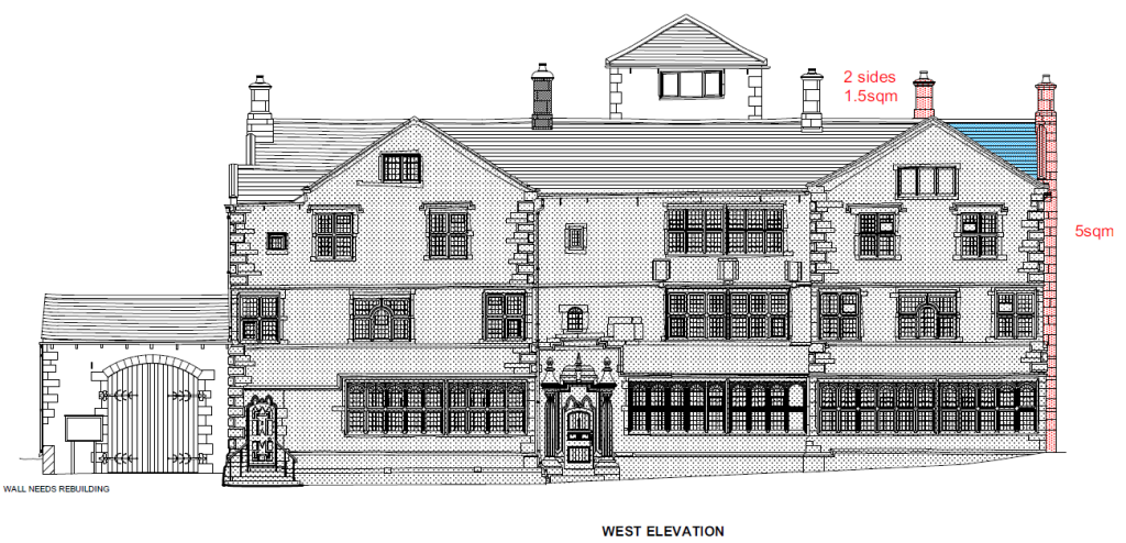 Line drawing of the west elevation of The Folly, Settle - a three storey, three bay building with a prospect tower.