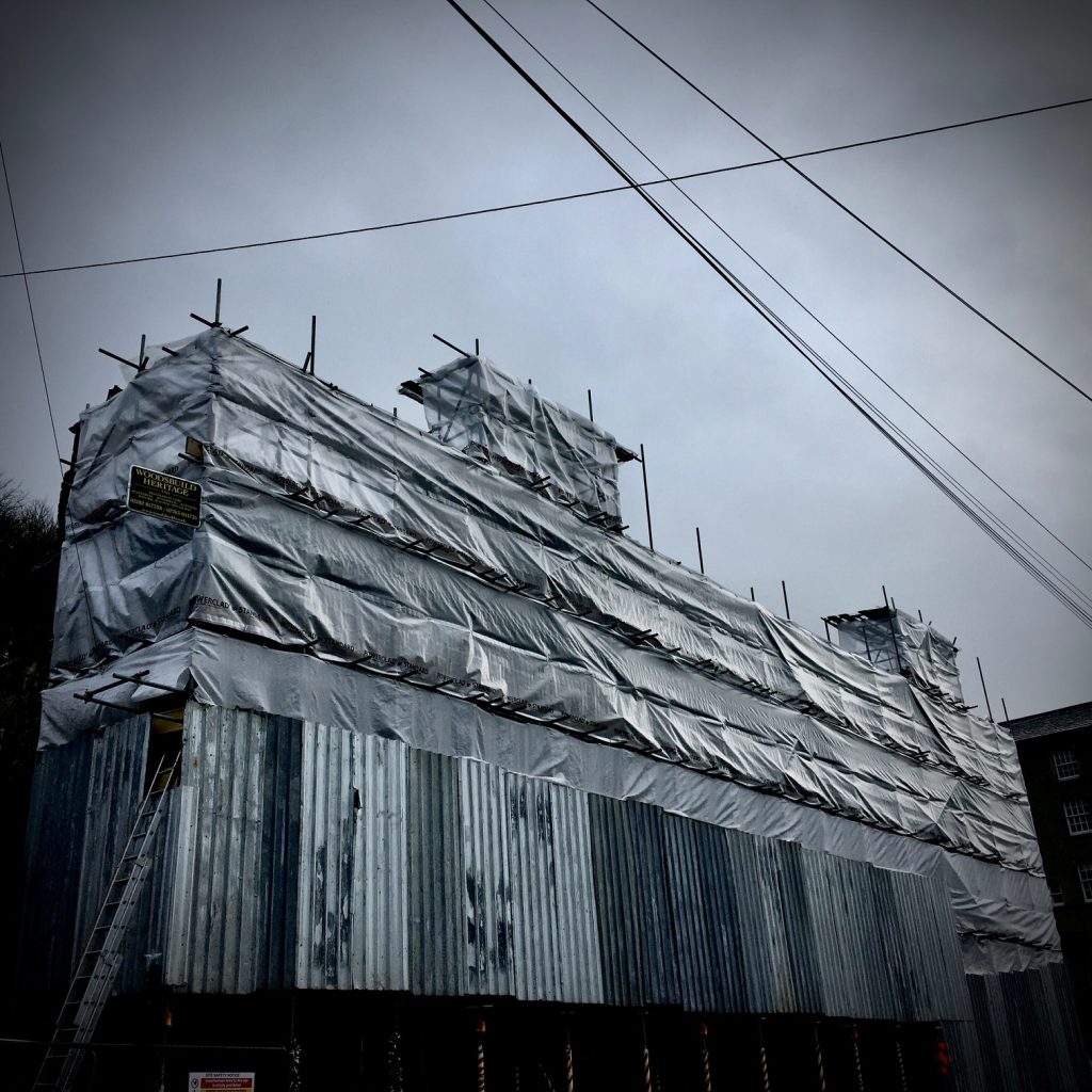 The Folly front elevation under scaffolding