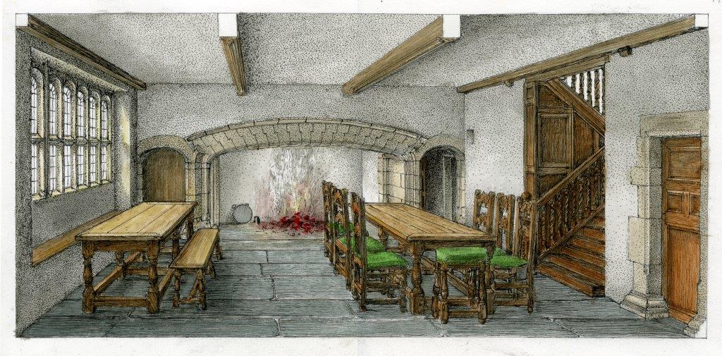 Drawing of the Hall at The Folly as it may have looked in the late seventeenth century, with tables and chairs in front of the inglenook fireplace